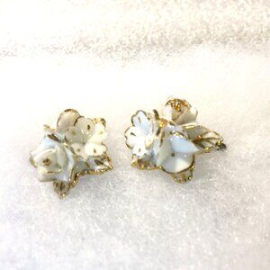 Vintage Porcelain Roses Screw On Earrings China White and Gold